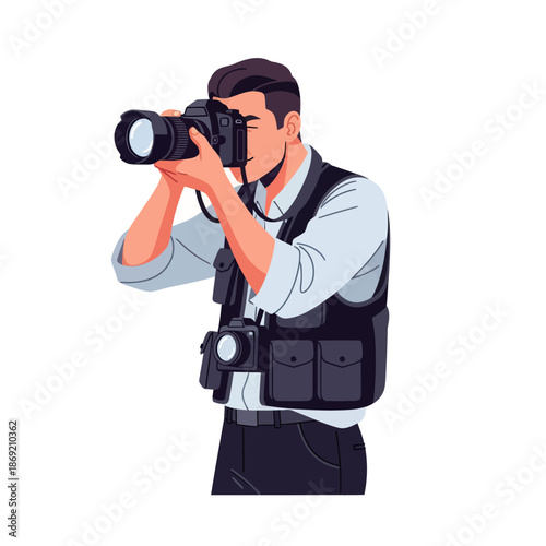Man Photographer Taking Photo with Professional Camera and Vest