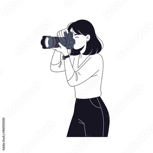 Woman photographer taking picture with professional camera, illustration