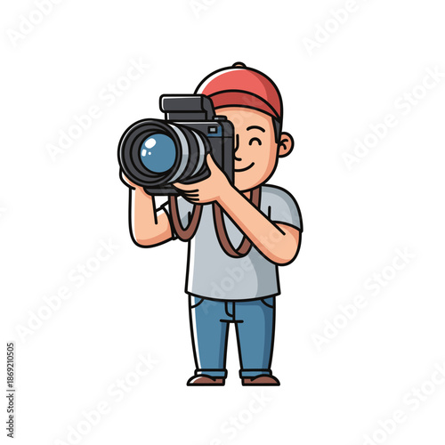 Cartoon Photographer Character Holding DSLR Camera and Taking Photo