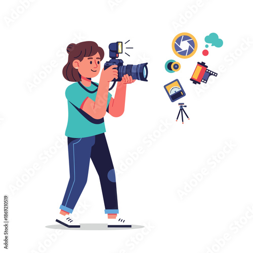 Creative photographer with camera and film icons, illustration