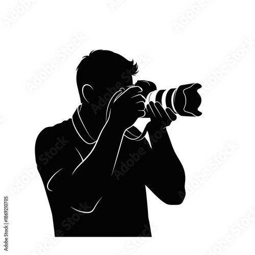 Silhouette of a man photographer taking a picture with a professional camera, isolated on white background