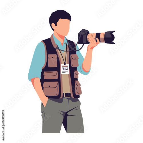 Professional Photographer With Camera & Press Pass - Photojournalist Capturing Images