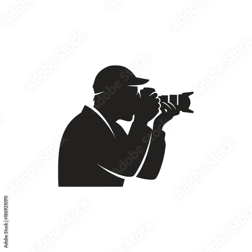 Silhouette of a photographer taking a photo with a professional camera, isolated on white background.