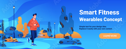 Smart fitness wearables concept man jogging park modern technology urban landscape orange blue trees lamp posts website banner
