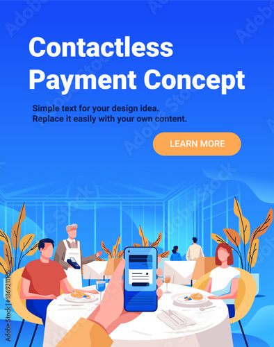 Contactless payment concept restaurant mobile phone transaction digital dining scene people waiter modern interior plants blue background website banner