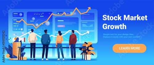 Stock market growth financial analytics team monitors digital dashboard charts coins upward trends blue background web banner