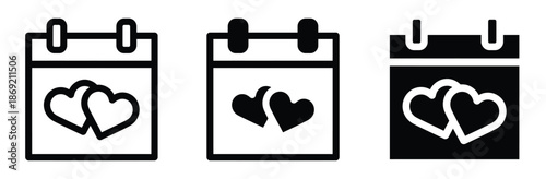 calendar icons with heart symbols on white background,Calendar icon set. Line and glyph calendar set. Month cal,Calendar icon. Calendar planner icon collection. Reminder organizer event signs. 