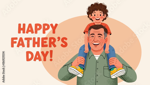 Heartwarming illustration of a happy father giving his son a shoulder ride, celebrating the special bond on Father's Day with joy and affection