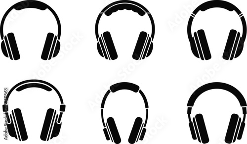 Black silhouette headphones set, six different audio headset icons, over ear music equipment,