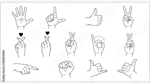 Collection of diverse hand gestures in minimalist line art style, showcasing human communication and non-verbal expression through various signs and signals