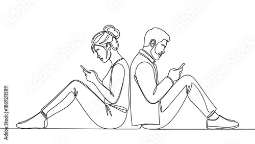Back-to-Back Digital Isolation Continuous line illustration of a man and woman engrossed in their smartphones, symbolizing modern societal detachment