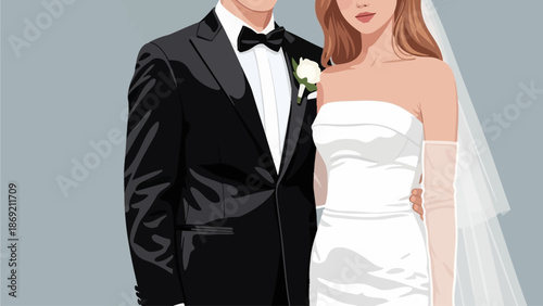 Elegant illustration of a happy newlywed couple on their wedding day, symbolizing love, commitment, and the beginning of a beautiful journey together