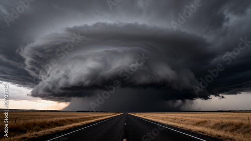 A massive supercell thunderstorm looms over a straight highway in an open rural landscape.