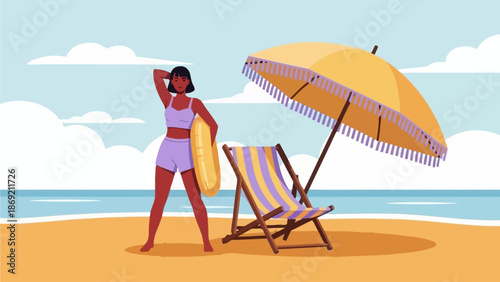 Young woman ready for a fun summer day at the beach, holding her surfboard next to a relaxing umbrella and chair, perfect for a tropical vacation getaway