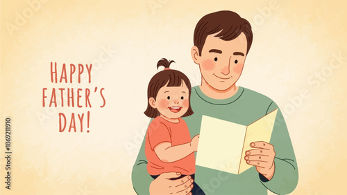 Heartwarming illustration of a loving father enjoying a special Father's Day moment with his adorable daughter, who presents him with a thoughtful greeting card