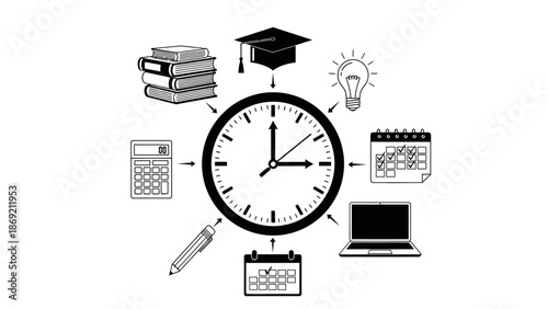 Time management and education concept icon set with clock and study tools.