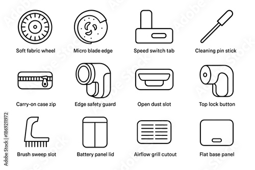 Handheld top guard fabric pin grill vector dust stick trimmer micro icon