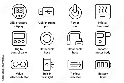 Shutoff level icon bike control motor airflow battery valve electric inflator vector