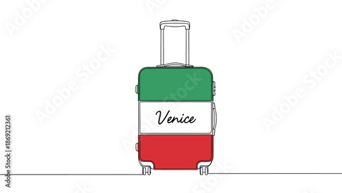 Minimalist continuous line art drawing of a travel suitcase featuring the Italian flag colors and 'Venice' text, symbolizing European vacation plans