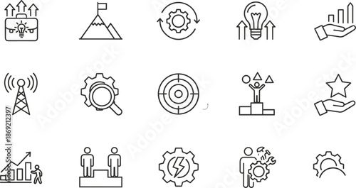 Business and innovation icon set, black and white line illustrations, productivity symbols, vector pack for professional design