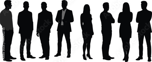 Business silhouettes, diverse professionals in formal attire, teamwork concept, leadership, office