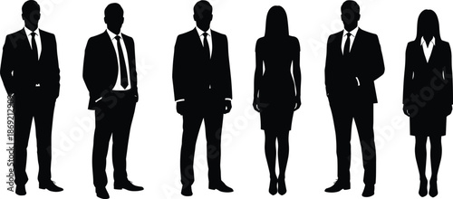 Business silhouettes, diverse professionals in suits, teamwork concept, leadership, office staff