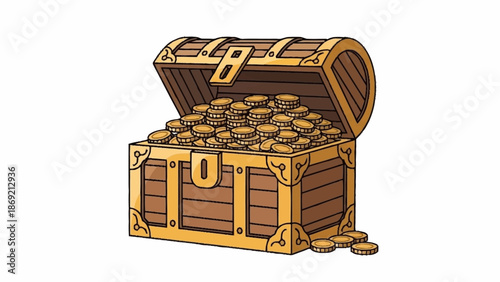 An antique wooden treasure chest overflowing with a bounty of gleaming gold coins.