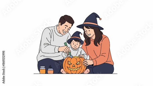 Happy family with a baby in a witch hat carving a spooky Halloween pumpkin together.