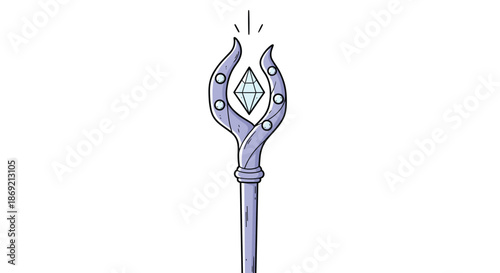 Magical fantasy staff with glowing blue crystal held between metallic prongs isolated on plain white background space.