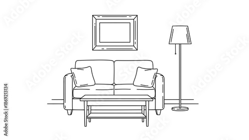 Cozy Living Room Illustration Sofa, Coffee Table, and Floor Lamp