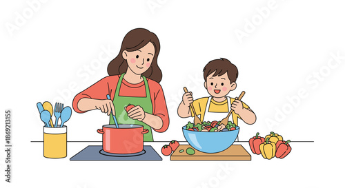 Happy mother and son cooking together in kitchen preparing healthy meal with fresh vegetables on white background.