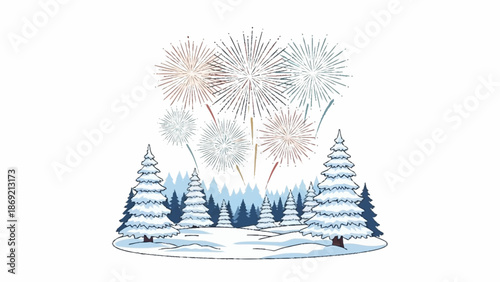 Festive winter landscape illustration with snow-covered evergreen trees and sparkling fireworks illuminating the night sky.