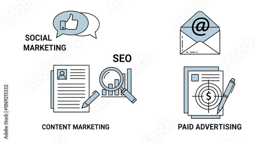 Modern flat line icon set illustrating various digital marketing strategies for online business promotion and growth