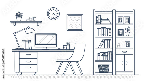 Home office interior line art vector illustration, desk chair shelves, minimal outlines, organized composition