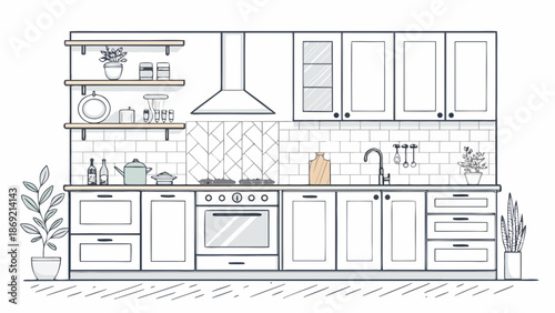 Kitchen interior line drawing vector illustration, cabinets sink stove, clean linear style, white background
