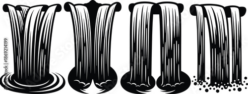 Abstract black liquid flow shapes vector illustration, dripping ink waterfall forms, organic paint streams, modern graphic design elements for creative backgrounds