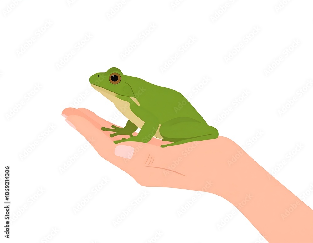Fototapeta premium A green frog sits gently in the palm of a human hand