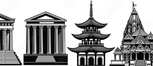 Ancient world architecture landmarks vector illustration, classical Greek temple and Asian pagoda silhouettes, historic religious buildings, monochrome 