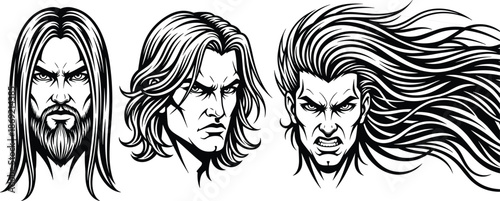 Angry male faces vector illustration set, expressive long hair characters with intense emotions, black and white line art, dramatic portrait design graphic