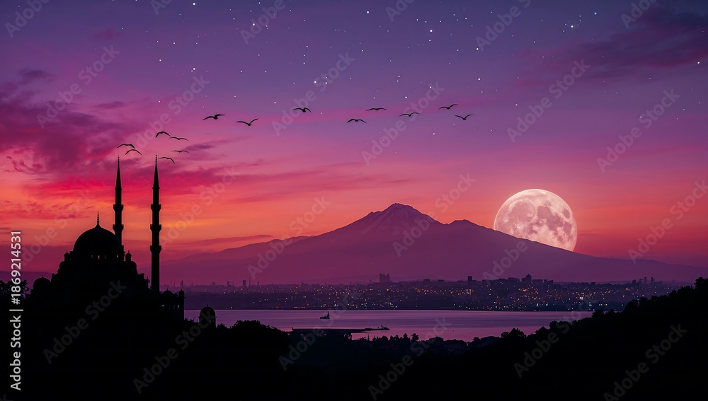 Obraz premium Silhouette of a mosque and mountain range at sunset with a full moon