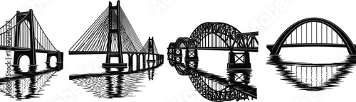 Bridge collection vector illustration, suspension, cable stayed and arch bridges with water reflections, black and white city infrastructure silhouette design