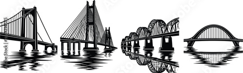 Bridge skyline vector illustration, suspension, cable stayed and arch bridges over water with reflections, black and white urban infrastructure silhouette design
