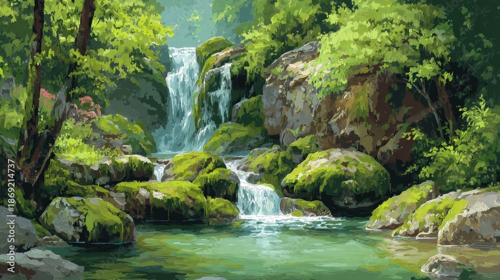 Fototapeta premium A serene landscape featuring a waterfall cascading over rocks, surrounded by lush greenery and vibrant moss, reflecting a tranquil natural setting.
