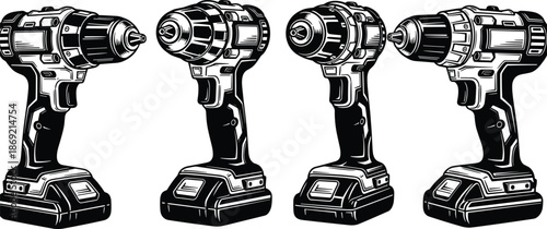 WebCordless power drill black silhouette vector illustration set, electric hand tool collection for construction, DIY, workshop, industrial hardware, modern graphic design projects