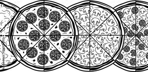 Detailed pizza assortment vector illustration, top view sliced pizzas with pepperoni and mushroom toppings, black and white line art, Italian food graphic