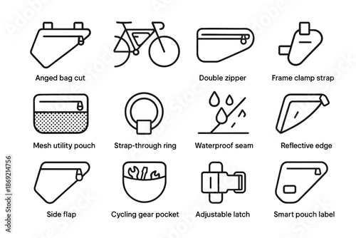 Reflective icon strap pouch waterproof vector clamp gear cycling icons angled line