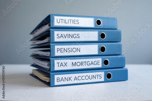 Stack of blue binders labeled with financial terms organization