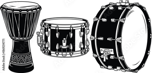Drum instruments vector illustration set, djembe snare drum and bass drum collection, black and white percussion music equipment design artwork