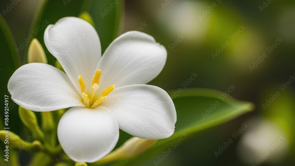Fototapeta premium A white flower with yellow stamens and green leaves on a blurred green background.