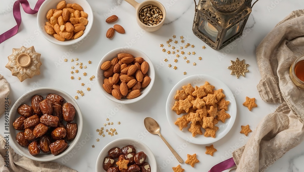 Obraz premium Overhead view of various nuts and dried fruits on white table with star shaped cookies